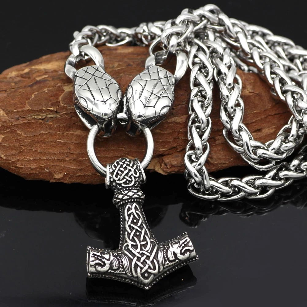 Vikings Snake Head Mjolnir Stainless Steel Necklace