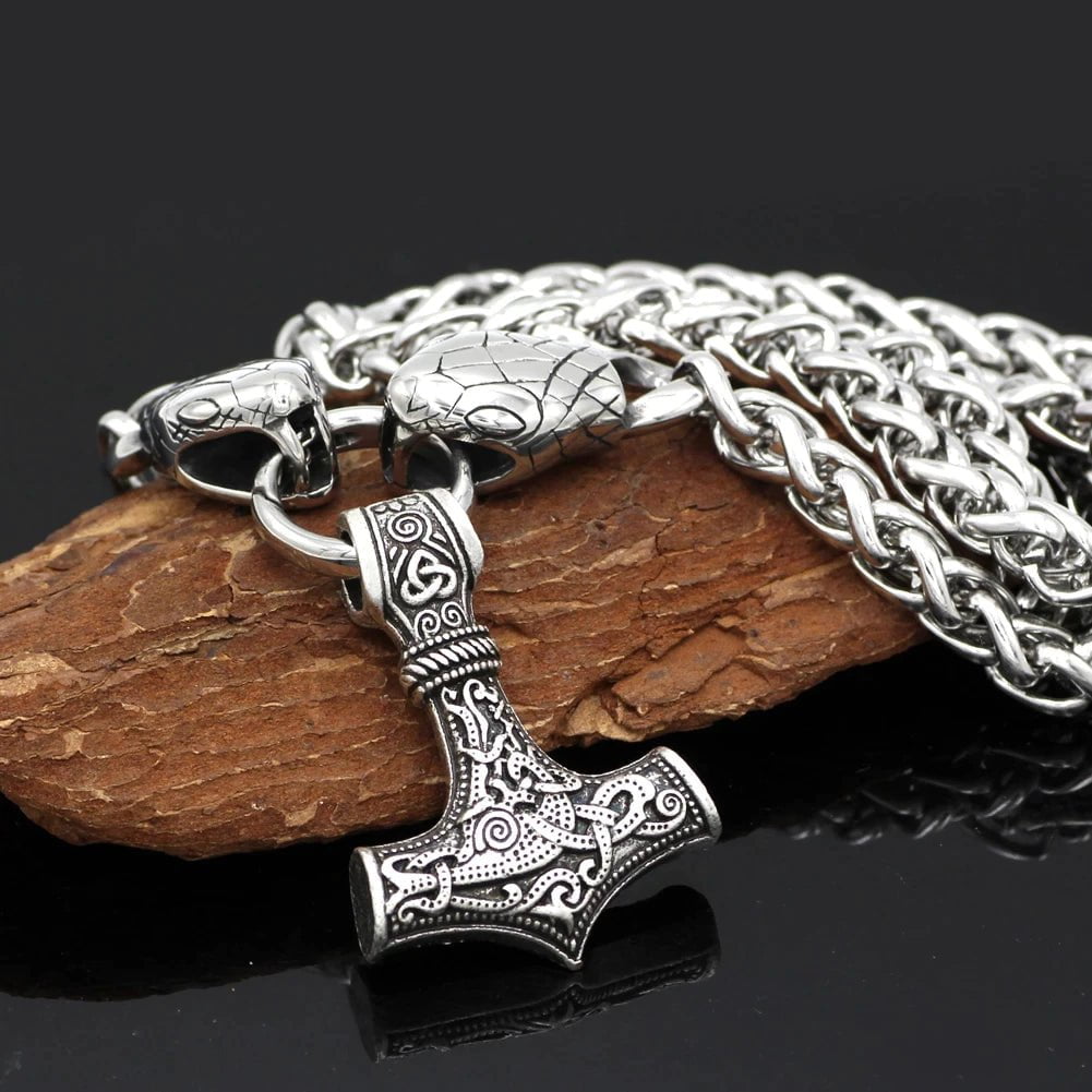 Vikings Snake Head Mjolnir Stainless Steel Necklace