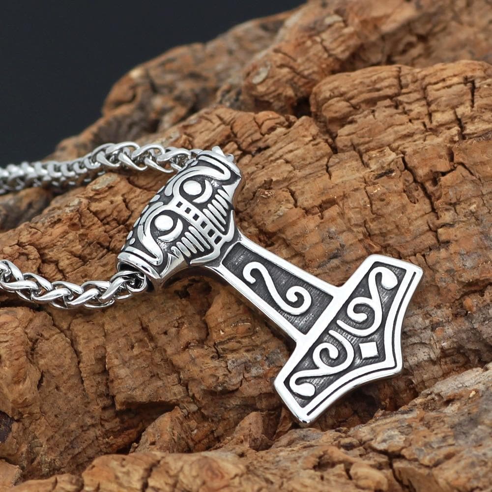 Vikings Thor Hammer Mjolnir Raven Head Stainless Steel Necklace