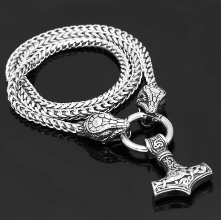Vikings Dragon Head Lock Mjolnir Pendant Necklace