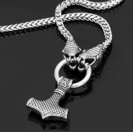Vikings Dragon Head Lock Mjolnir Pendant Necklace
