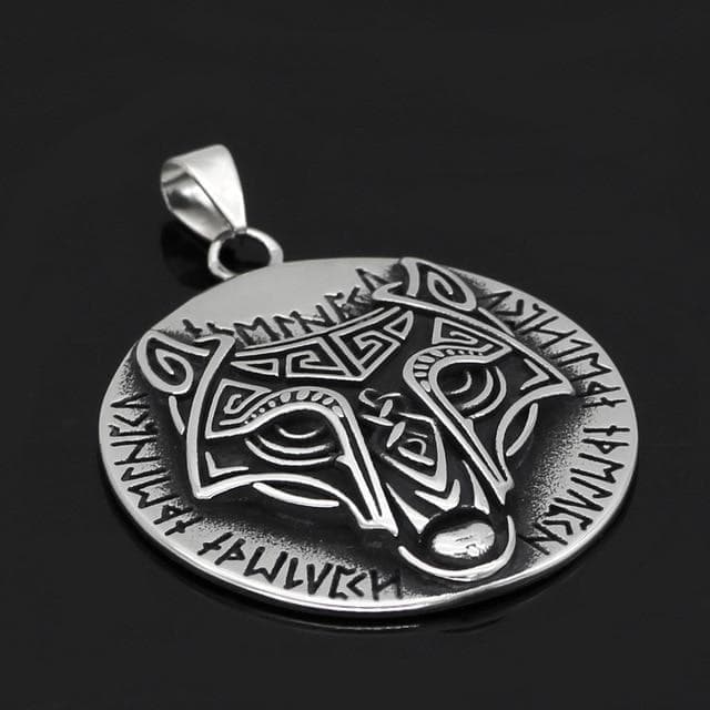Vikings Runes Wolf Disc Pendant Necklace