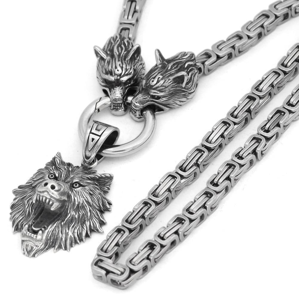 Vikings Geri & Freki Fenrir's Head Stainless Steel Necklace
