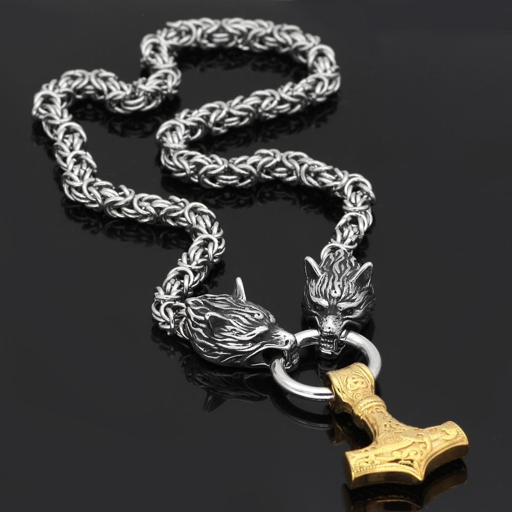 Vikings Wolf Head Mjolnir Stainless Steel Necklace