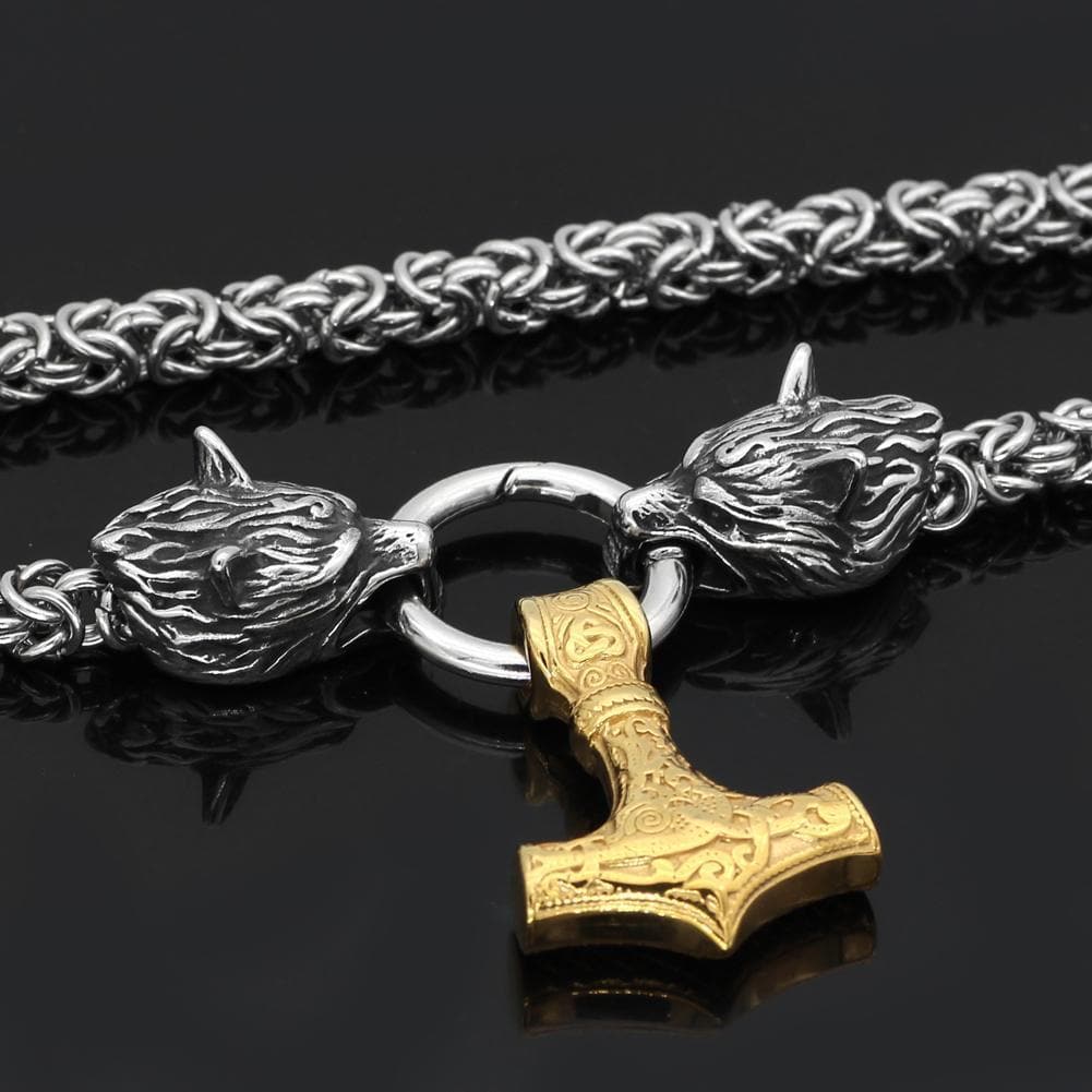 Vikings Wolf Head Mjolnir Stainless Steel Necklace