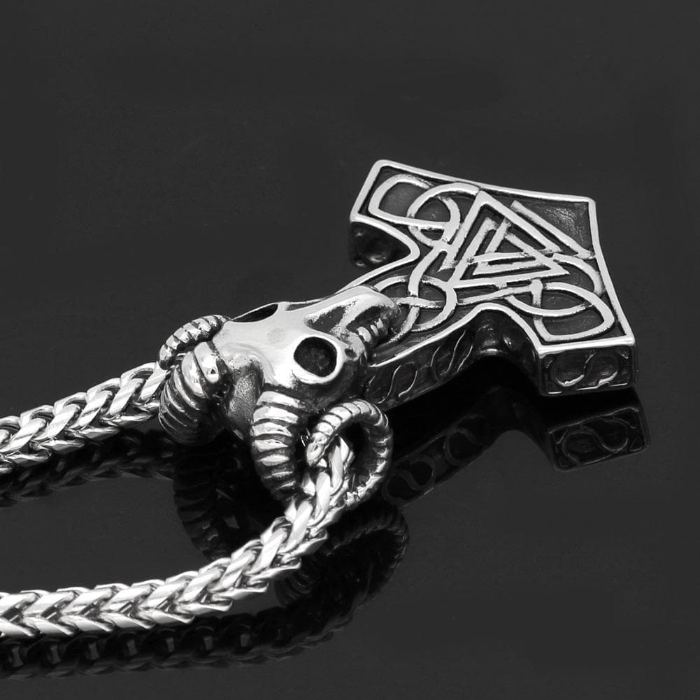Vikings Thor's Ram Skull Mjolnir Stainless Steel Necklace
