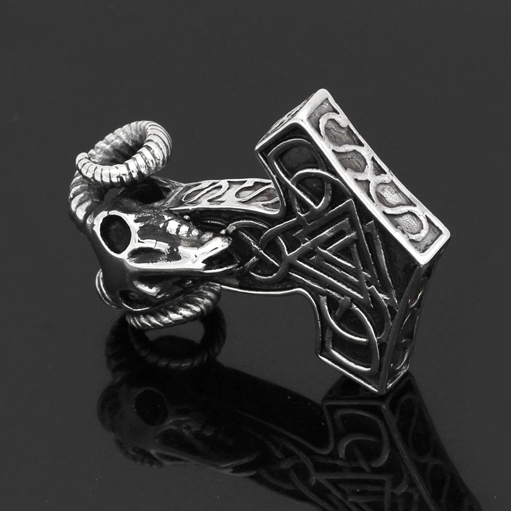 Vikings Thor's Ram Skull Mjolnir Stainless Steel Necklace