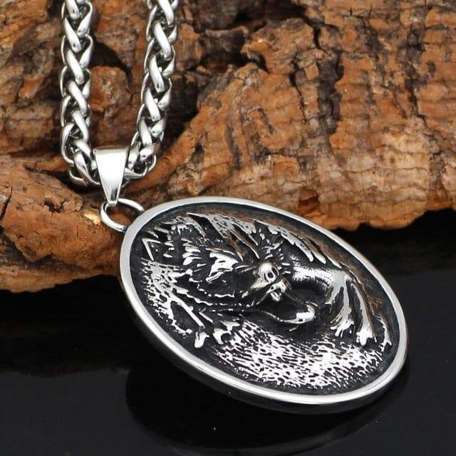 Viking Nordic Wolf - Fenrir Stainless Steel Oval Pendant and Necklace