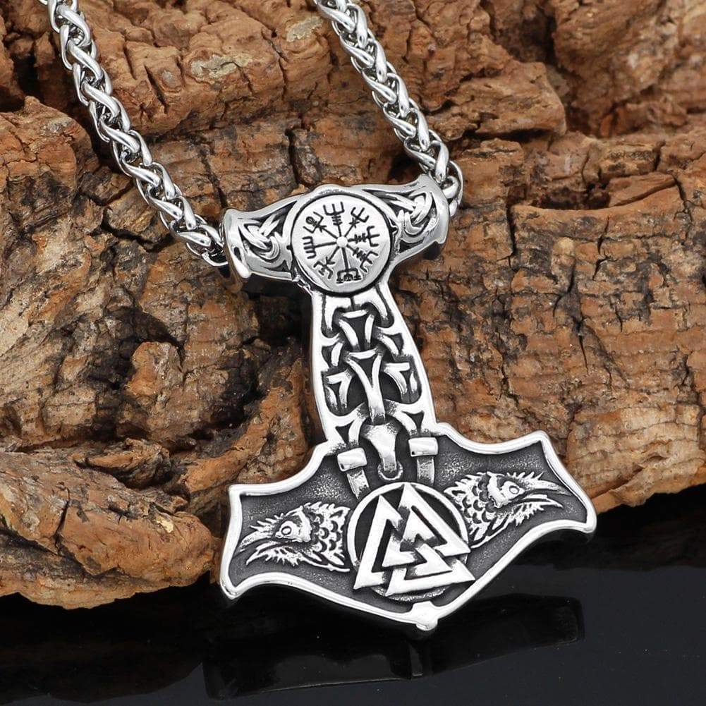 Viking Ravens Valknut And Aegishjalmur Mjolnir Necklace
