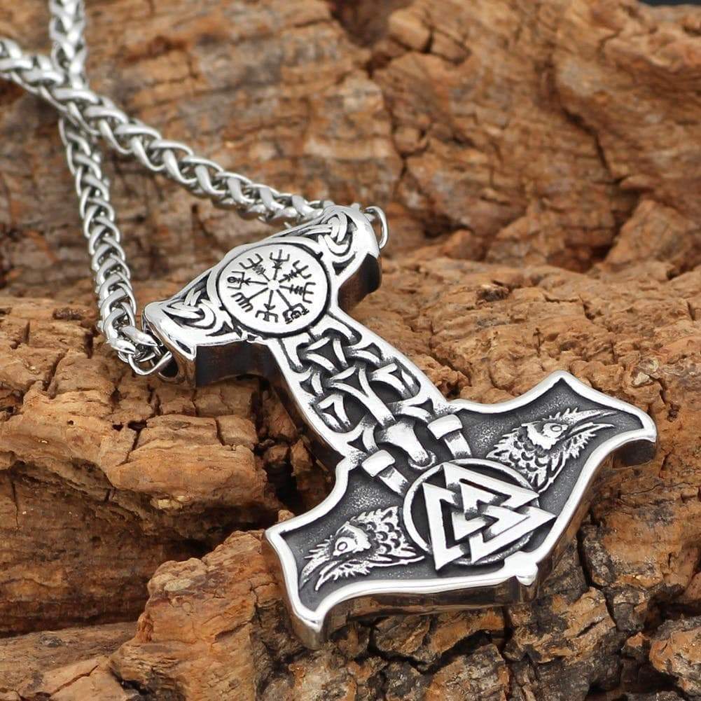 Viking Ravens Valknut And Aegishjalmur Mjolnir Necklace