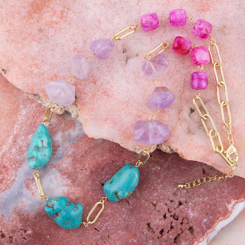 Purple Periwinkle Amethyst and Blue Turquoise Long Golden Necklace