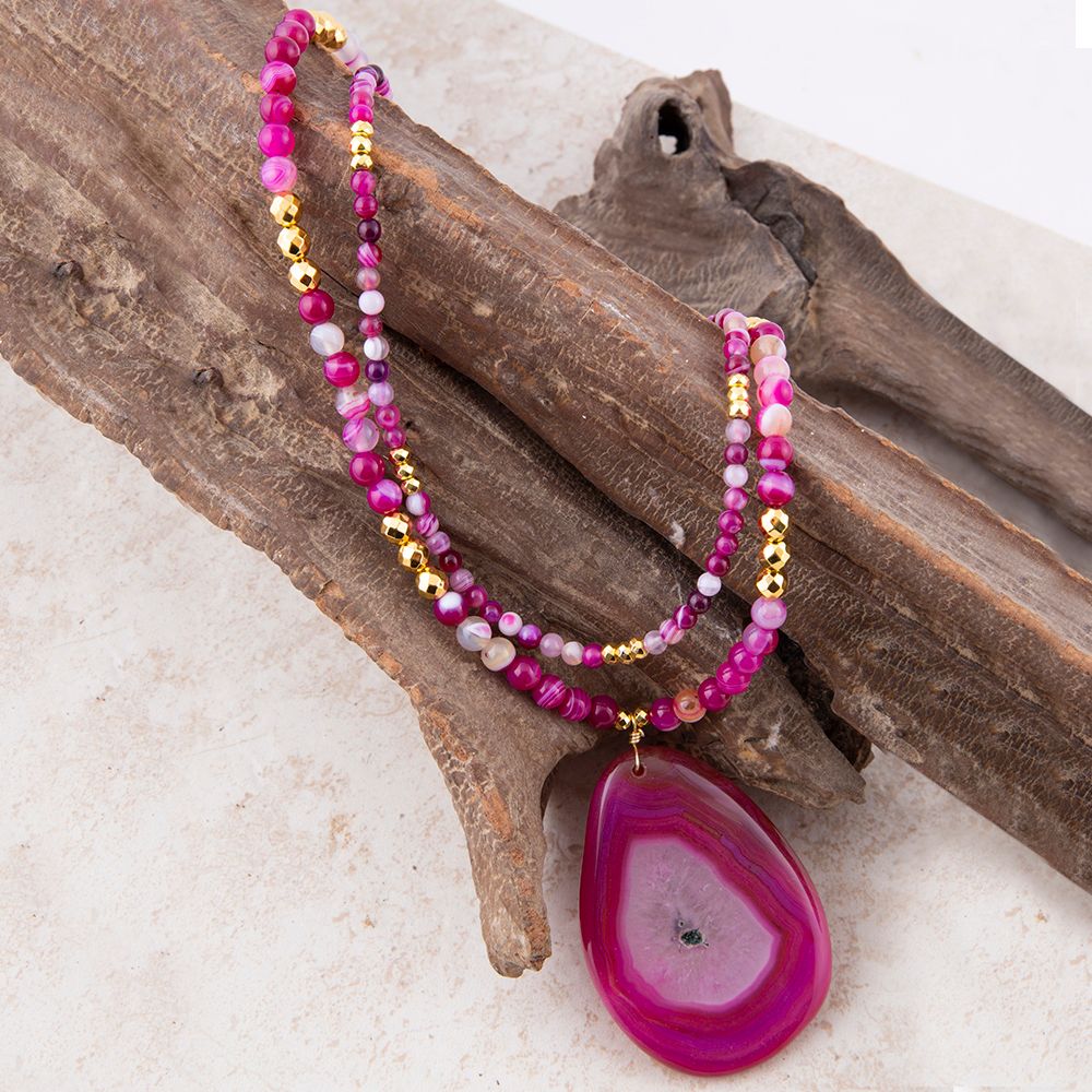 Pink Agate Golden Pendant Necklace
