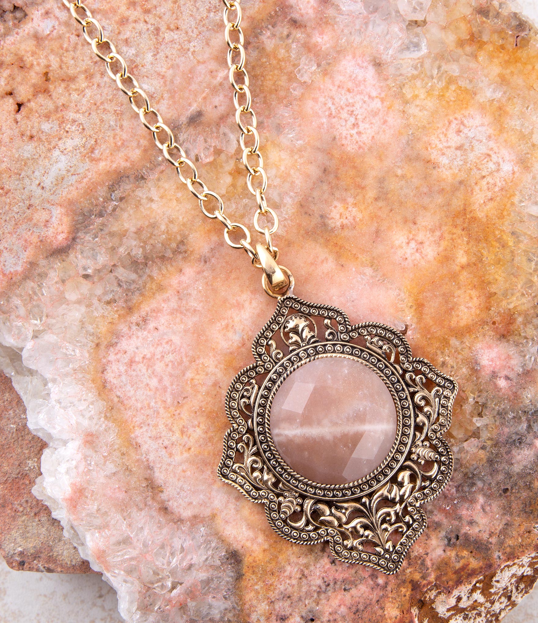 Pink Moonstone Golden Pendant Necklace