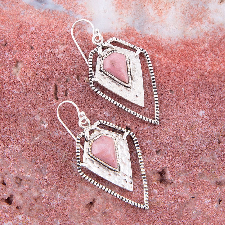 Pink Rhodonite Shield Sterling Silver Drop Earrings