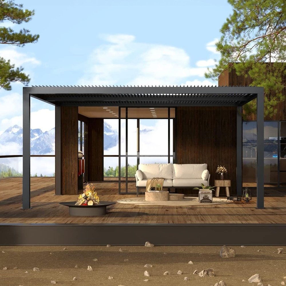 [12x16FT] Premium Outdoor Gray Aluminum Hardtop Pergola Gazebo With Adjustable Roof (95281364)