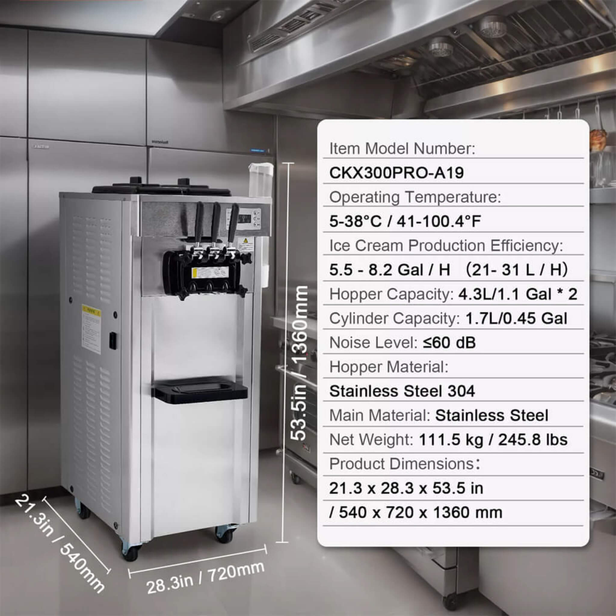 Premium Commercial 3-flavor Freestanding Soft Serve Ice Cream Machine Maker, 21-31 L/H (SAK21874)