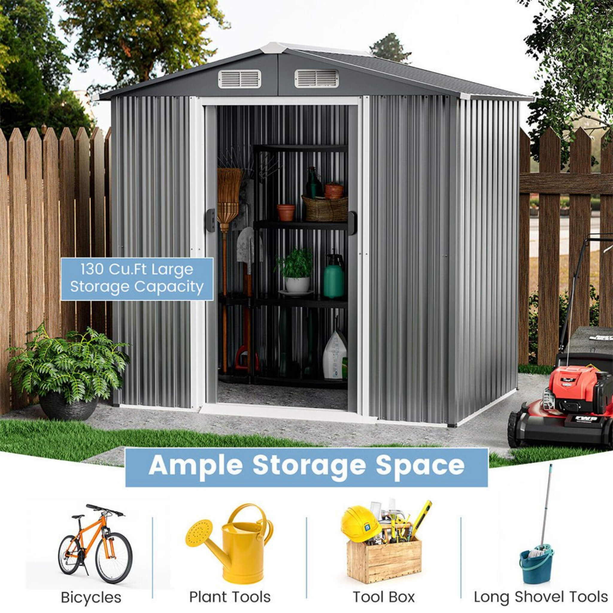 Premium Garden Galvanized Steel Storage Shed W/ Lockable Sliding Doors, 6x4' (SAK75842)