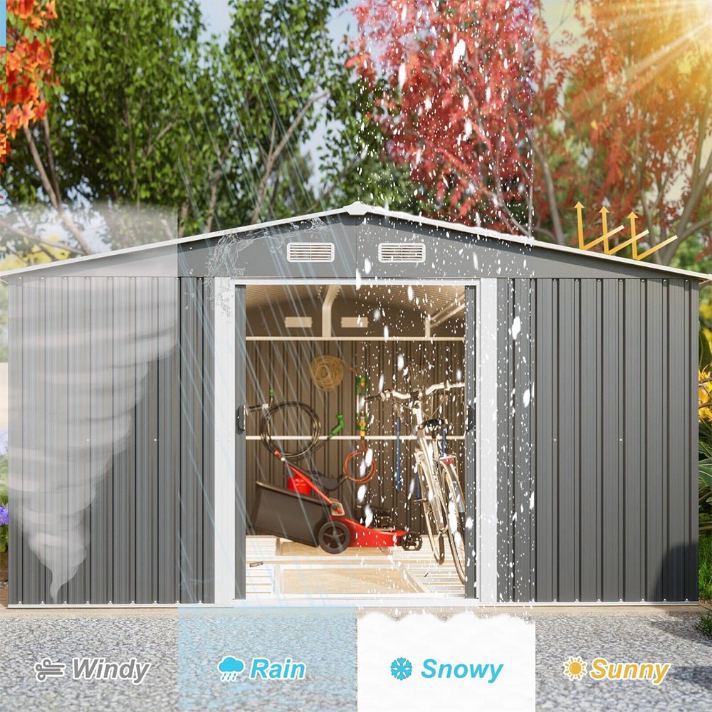 Premium Outdoor Galvanized Steel Backyard Storage Shed W/ Dual Lockable Sliding Doors, 11x13' (95382641)