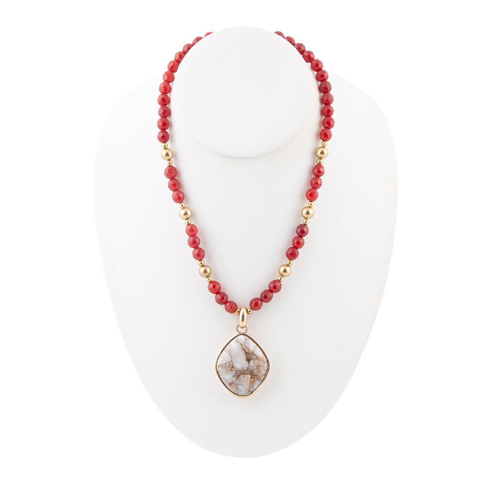 Red Carnelian and Crystal Calcite Pendant Golden Necklace