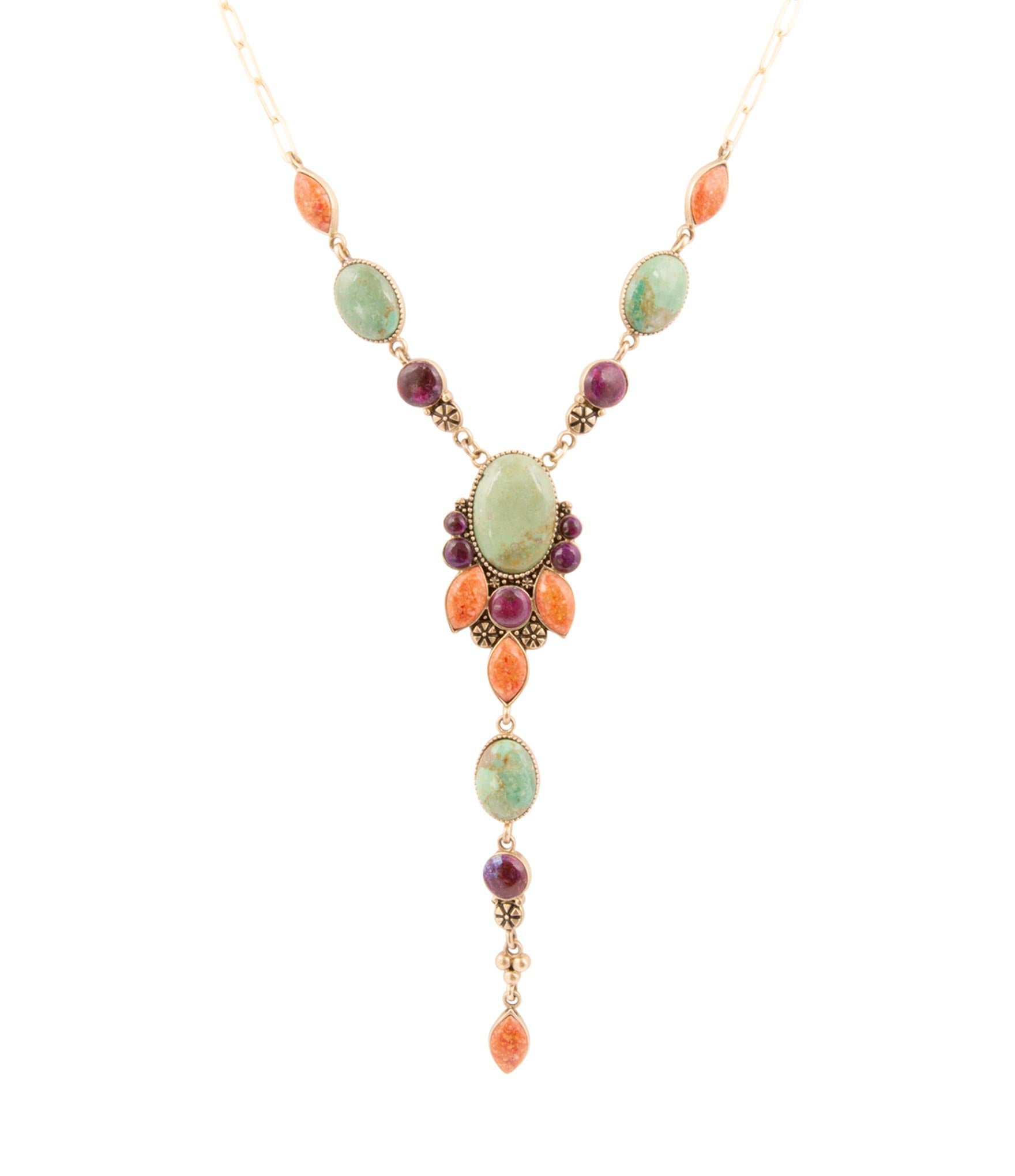 Regalia Blue Turquoise Purple and Orange Coral Golden Y Necklace
