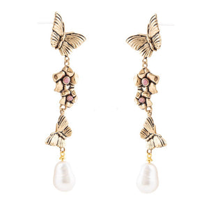 Rhodonite and White Pearl Golden Butterflies Post Drop Earrings