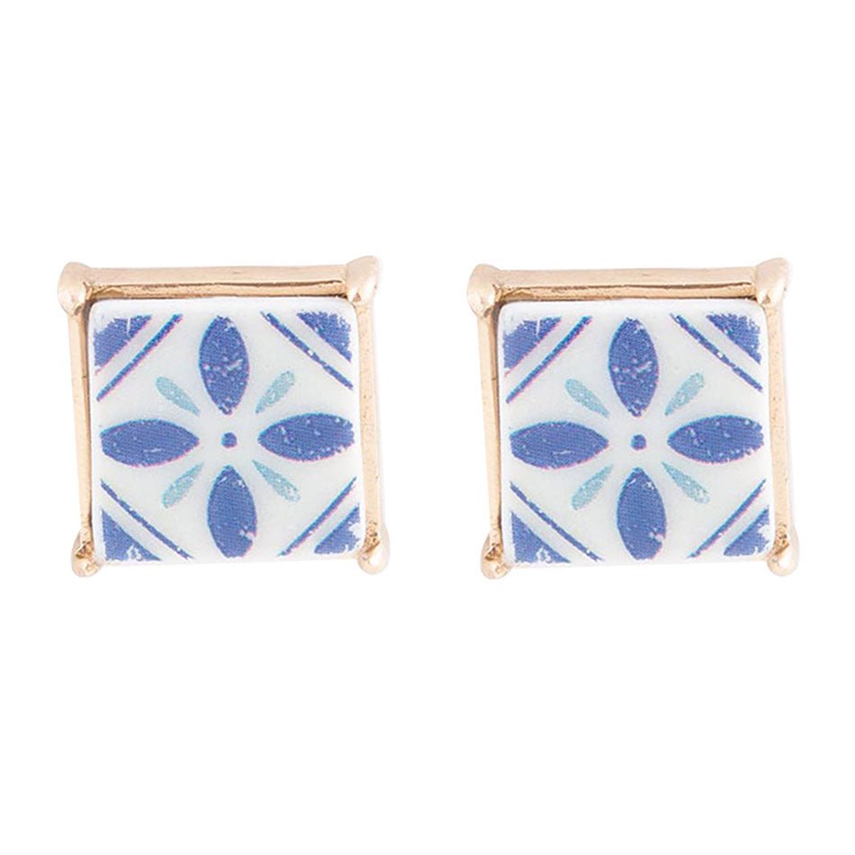 Santorini Dreams Blue and White Tile Post Stud Golden Earrings