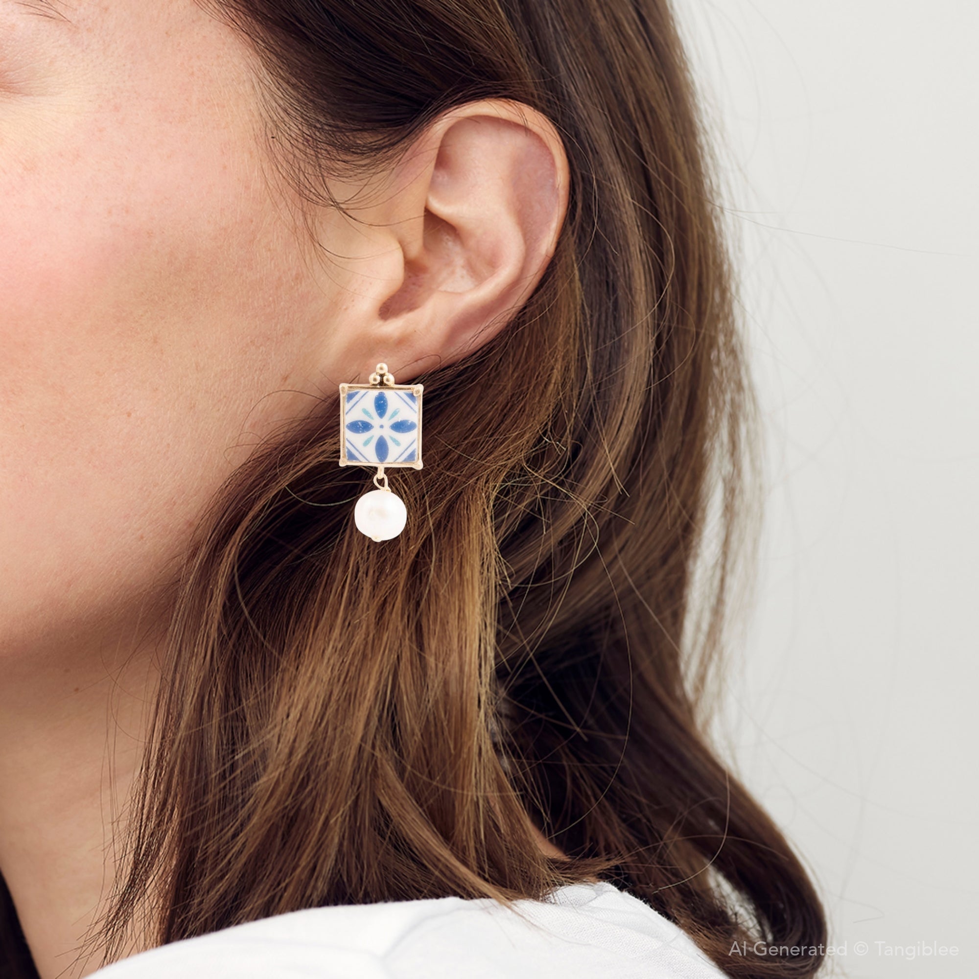 Santorini Dreams Tile Freshwater White Pearl Post Golden Earrings