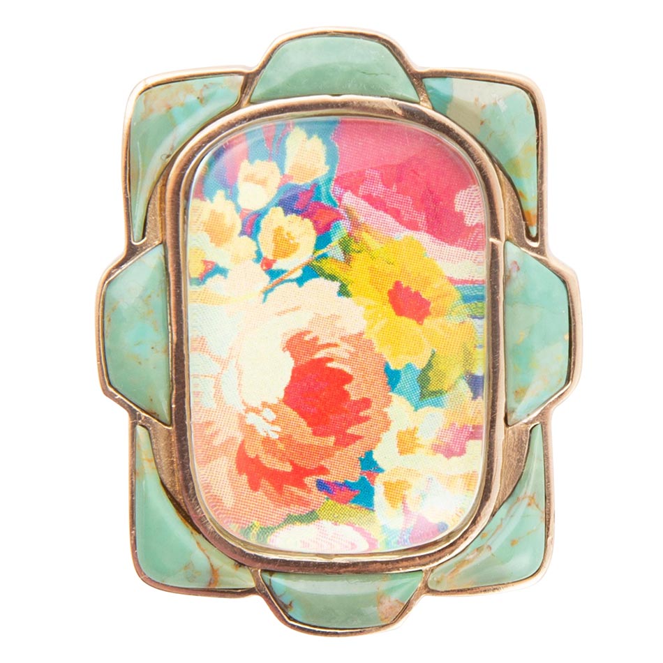 Scenic Floral Blue Turquoise Golden Ring