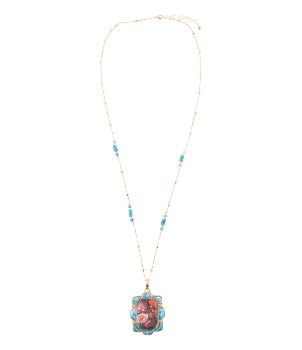 Scenic Red Florals Blue Apatite Golden Pendant Necklace