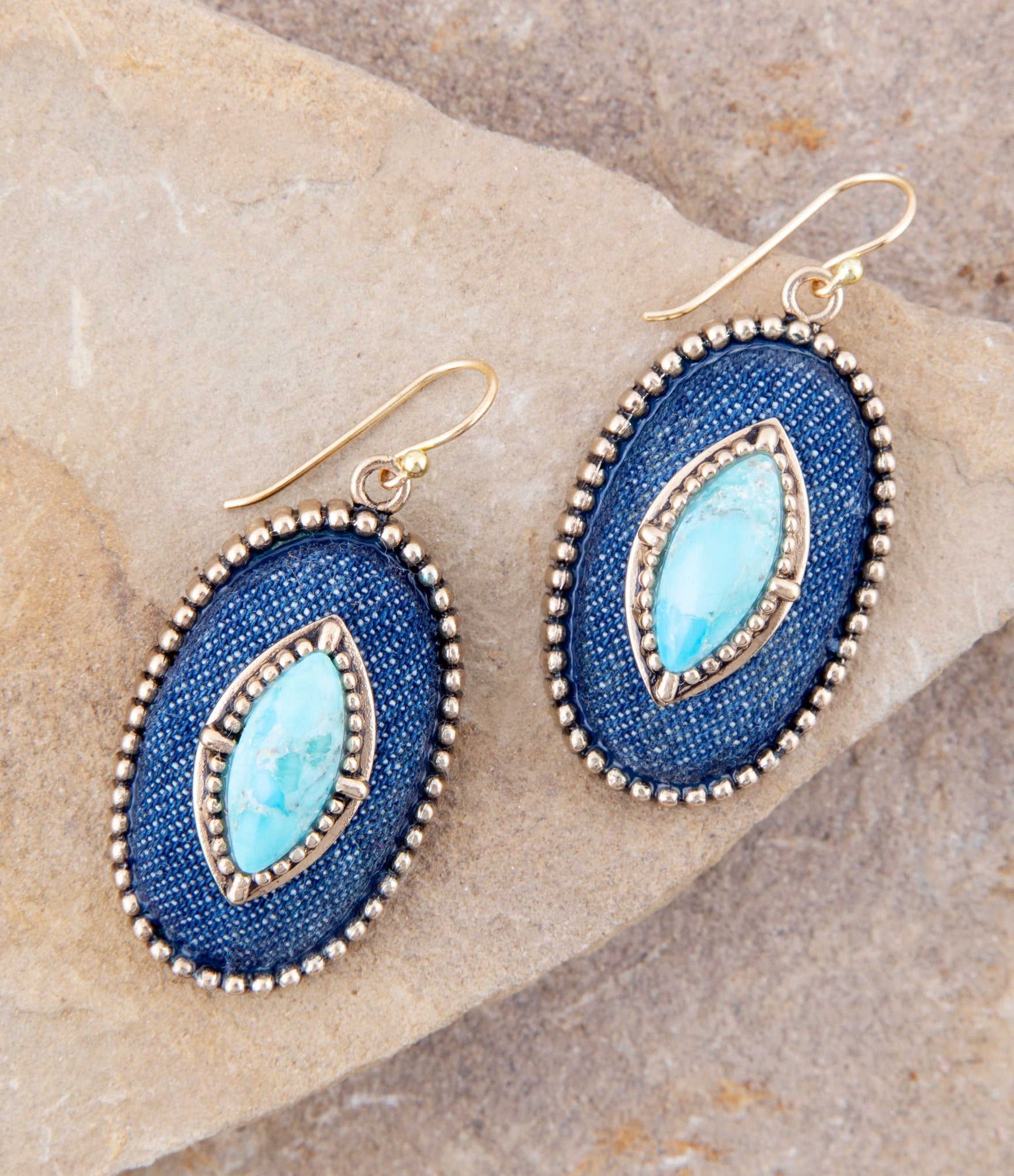 Stacked Blue Turquoise and Denim Golden Drop Earrings
