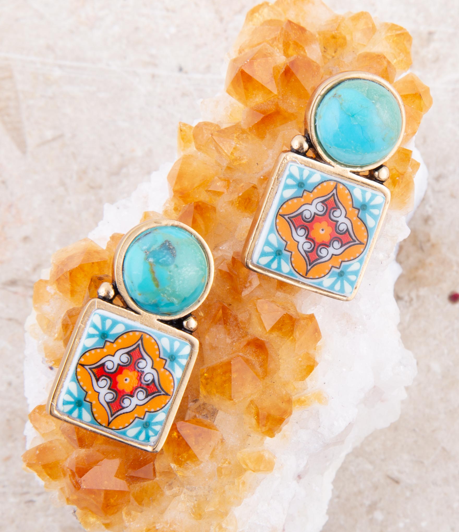 Talavera Tile Blue Turquoise Golden Drop Earrings