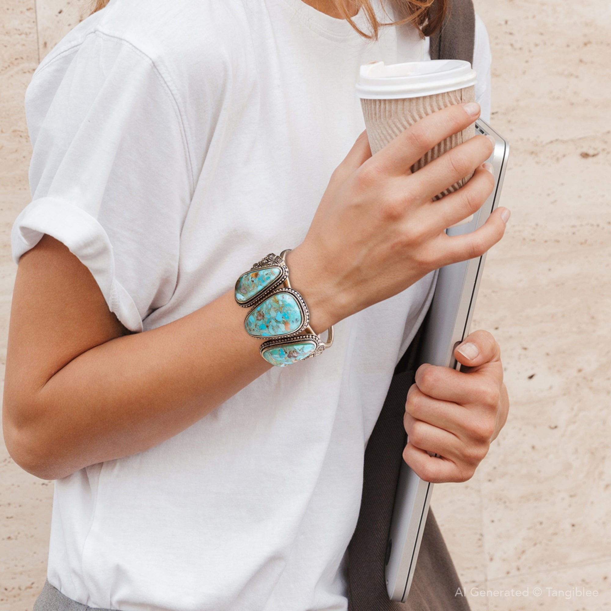 Trio Blue Turquoise Golden Cuff Bracelet