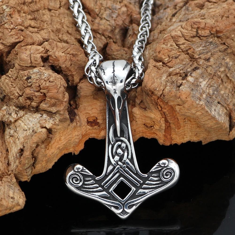 Vikings Mjolnir Raven Skull Stainless Steel Necklace