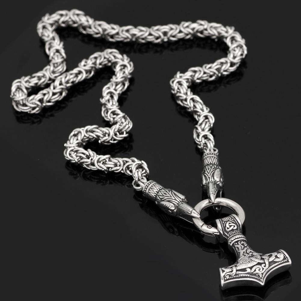 Vikings Mjolnir and Ravens Stainless Steel Necklace