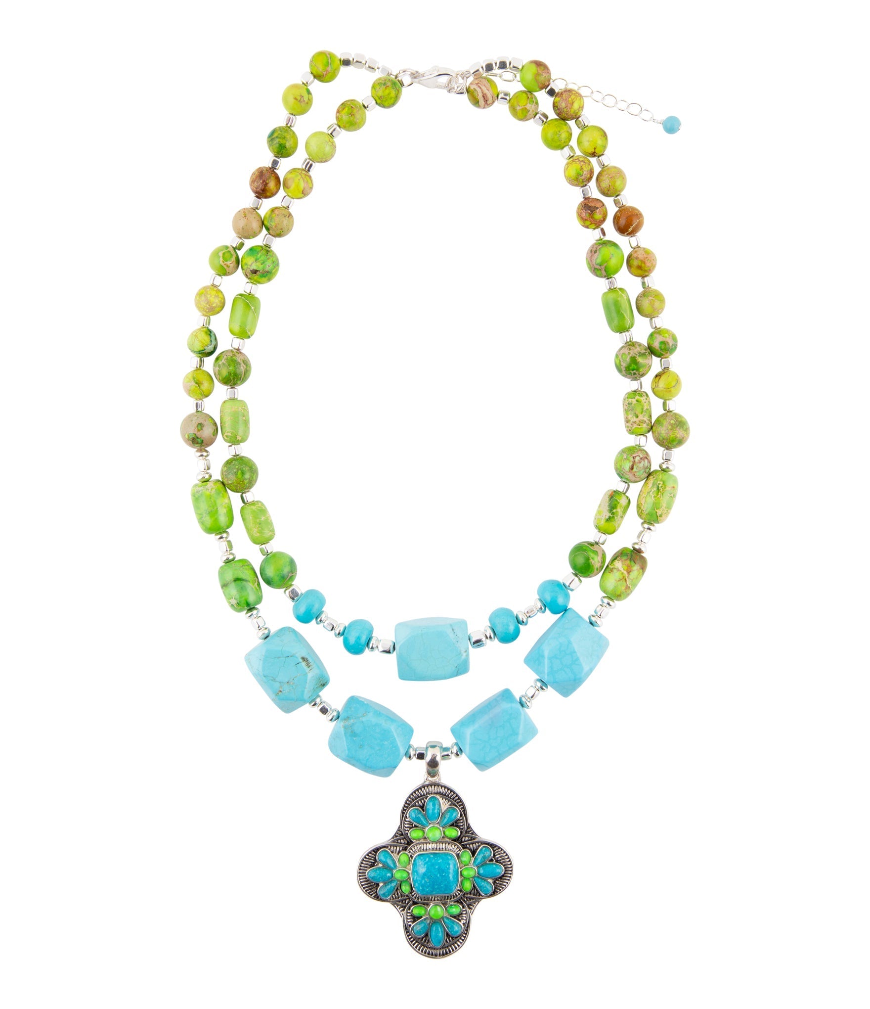 Zion Lime Green and Blue Turquoise and Sterling Silver Statement Necklace