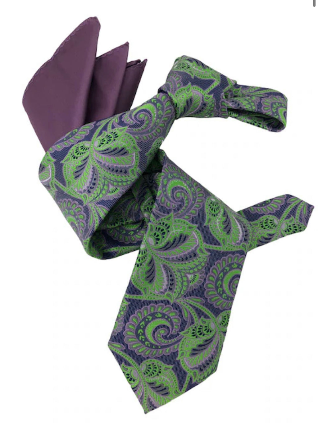 7 fold Purple Green Tie
