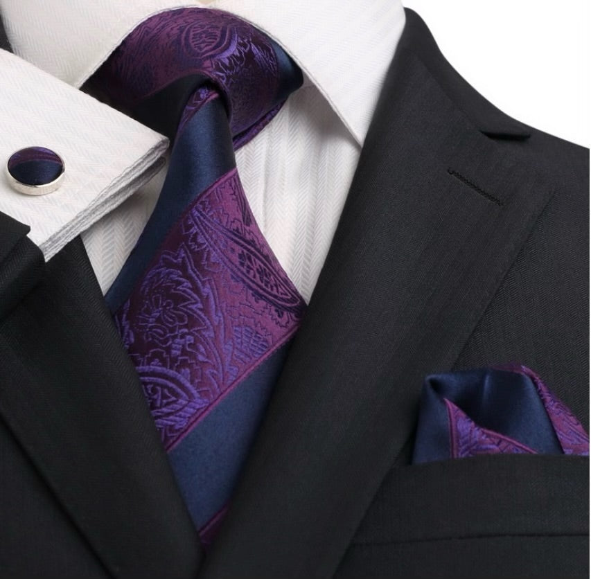 Purple Striped Paisley Silk Tie Set